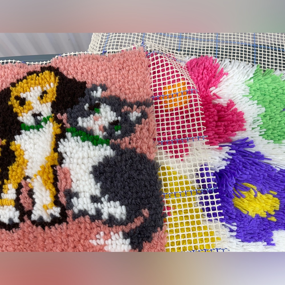 2 Latch Hook Rugs Fog Cat Flowers
